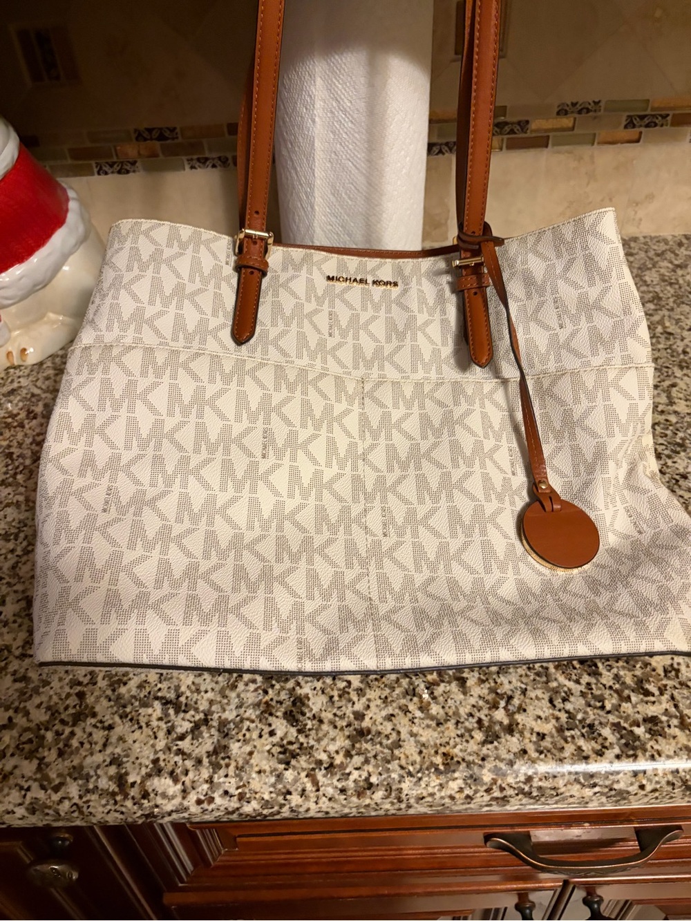 Michael Kors Cream MK Logo Tote with Brown Leather Trim